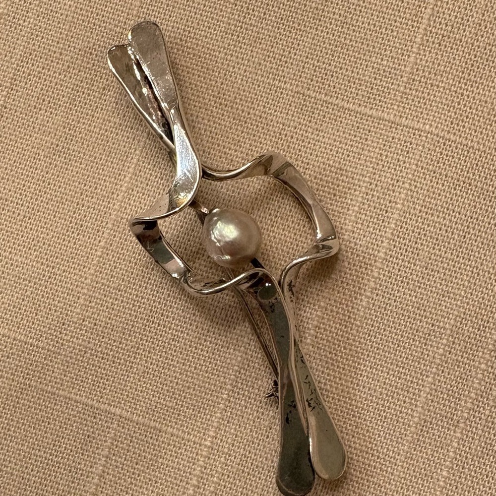 Sterling Silver Abstract Brooch with Pearl Accent